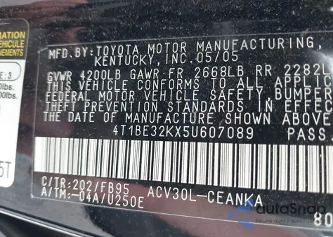 2005 Toyota Camry Std из США, поврежденный, VIN 4T1BE32KX5U607089